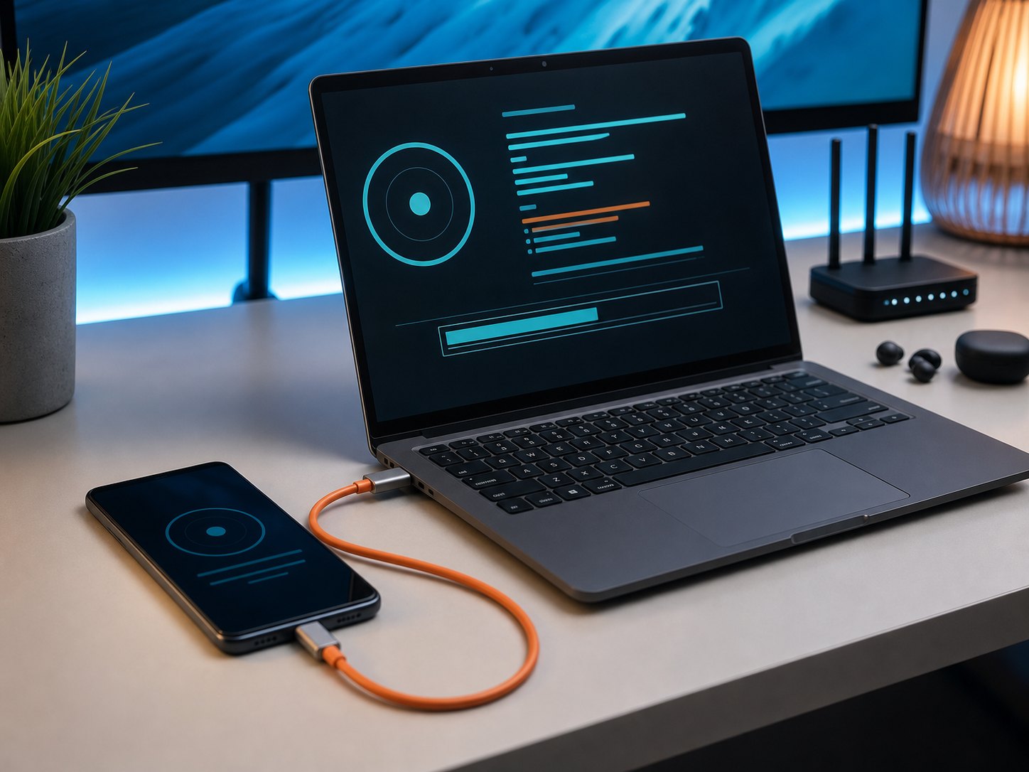 Laptop and smartphone during a firmware update